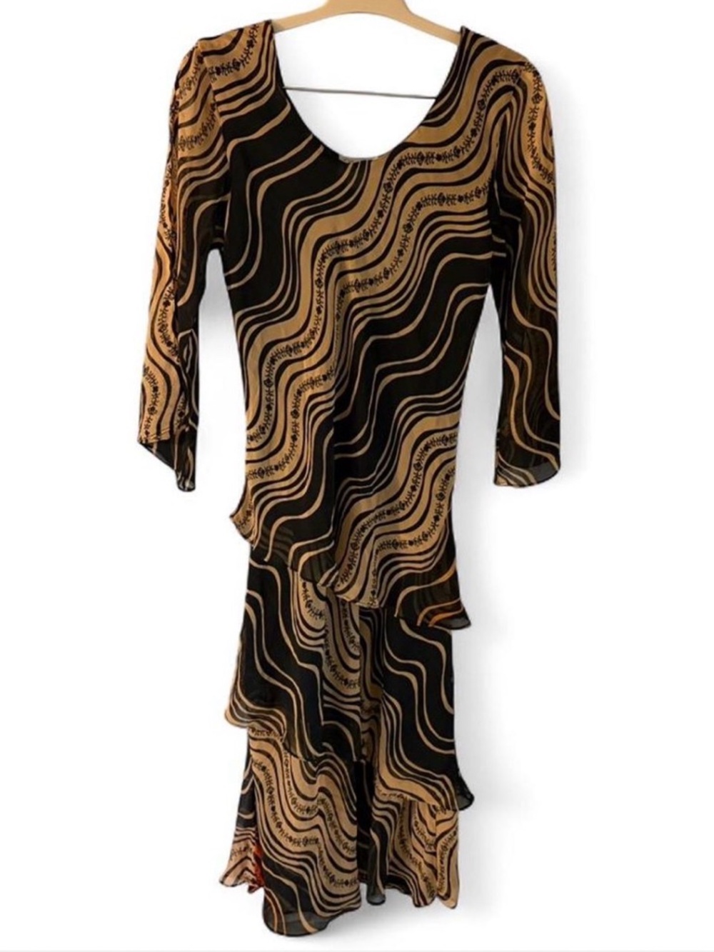 Boho Y2K Chiffon Ruffle Maxi Dress Brown Tan Wavy Stripe Autumn Bell Sleeves L